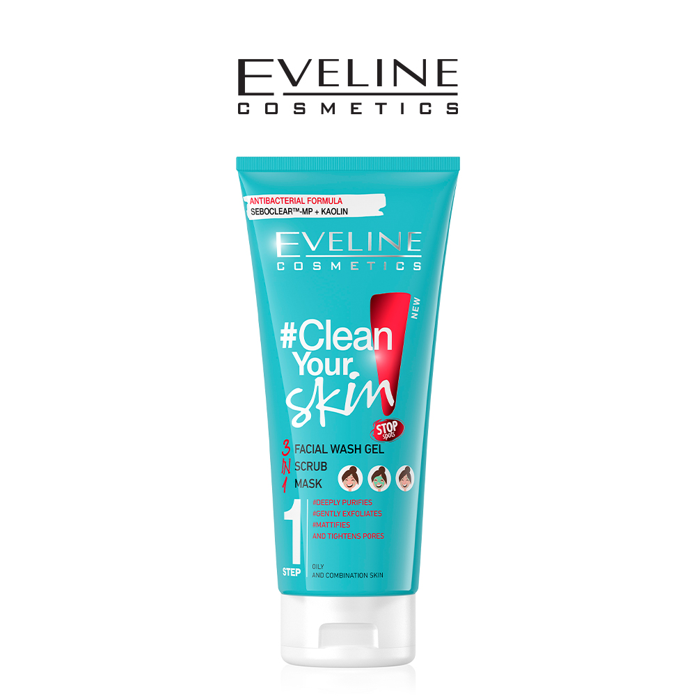 EVELINE CLEAN YOUR SKIN FACIAL WASH GEL + SCRUB + MASK STEP – 200ML